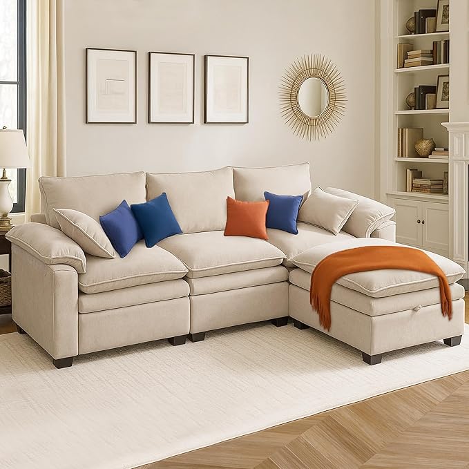 100" L Shaped Modular Sectional Sofa, Couch with Ottoman Storage, Chenille Cloud Couch with Plush Deep Seating for Living Room, Bedroom (Beige, 4 Seat)