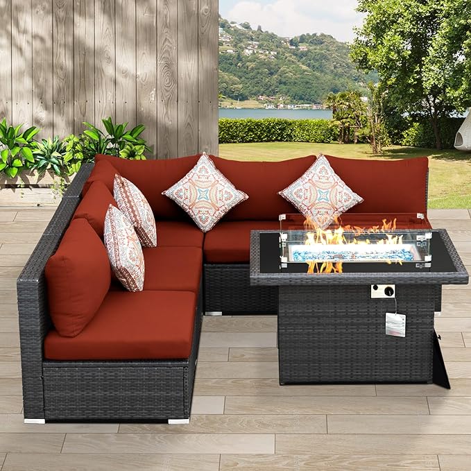 NICESOUL 6 Piece Modern Outdoor Conversation Set with Fireplace Natural Gas/Propane, 29.3'' High Back Deep Wide Seat Sofa Couches for Garden, Oversized Patio Sectionals, 2 Color Cushion Wine & Grey