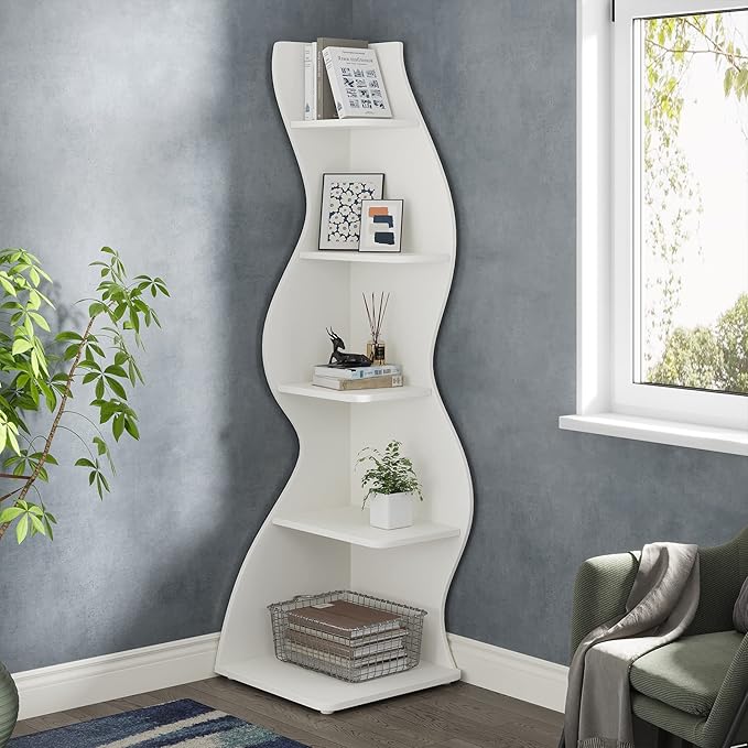 Tribesigns Corner Shelf, Modern 5-Tier Wall Corner Bookshelf, Stylish Corner Small Bookcase Storage Rack Plant Stand with Unique Shape for Living Room, Home Office (White, 1PC)
