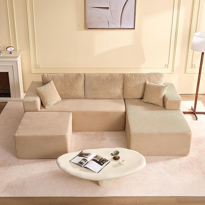 107" Boneless Couch with Deep Seat, Modular Sectional Sofa, Cloud Sectional Couch for Living Room, No Assembly Required, Corduroy, U-Shape 3 Seater Left, Camel