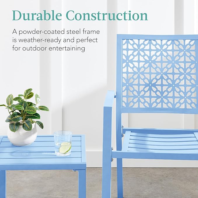 Best Choice Products 3-Piece Outdoor Bistro Set, Stackable Modern Steel Furniture for Porch, Garden w/ 2 Chairs, Table, Geometric Decor - Sky Blue