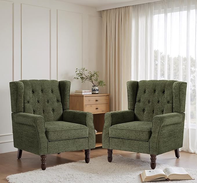 Lumibee High Back Accent Chair,Upholstered Wingback Armchair with Solid Wood Legs for Small Spaces,Comfy Single Sofa Chair for Living Room,Bedroom,Office-Green