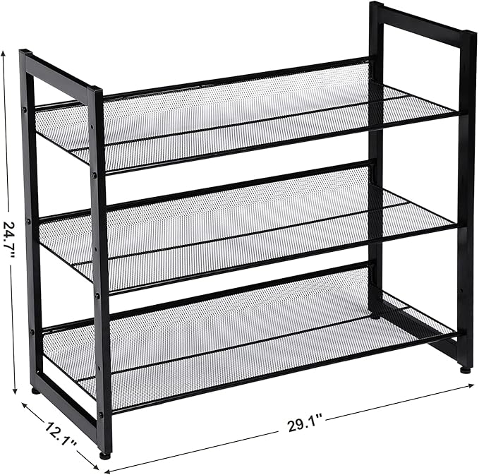 SONGMICS Shoe Rack, 3-Tier Shoe Organizer, Metal Shoe Storage for Garage, Stackable Shoe Shelf, with Adjustable Flat or Angled Shelves, 9-12 Pairs, Ink Black ULMR03B