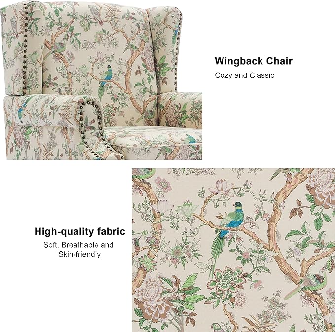 Accent Chair, Upholstered High Back Floral Armchair with Nailhead Trim & Wood Legs, Comfy Wingback Reading Single Sofa Chair for Small Spaces, Living Room, Bedroom (Bird Floral, Set of 2)