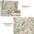 Accent Chair, Upholstered High Back Floral Armchair with Nailhead Trim & Wood Legs, Comfy Wingback Reading Single Sofa Chair for Small Spaces, Living Room, Bedroom (Bird Floral, Set of 2)