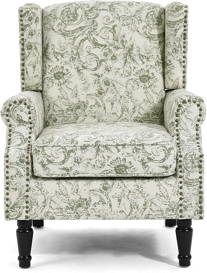 UIXE High Back Accent Chair, Fabric Upholstered Armchair for Living Room, Floral Printed Wingback Arm Chair with Solid Wood Legs, Retro Nailhead Trim Single Sofa Bedroom Reading Seat - Rococo Green