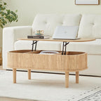 Fluted Lift Top Coffee Table with Hidden Compartment, Fully Assembled Wooden Center Table, Modern Oval Lift Tabletop for Home Living Room Office, Natural