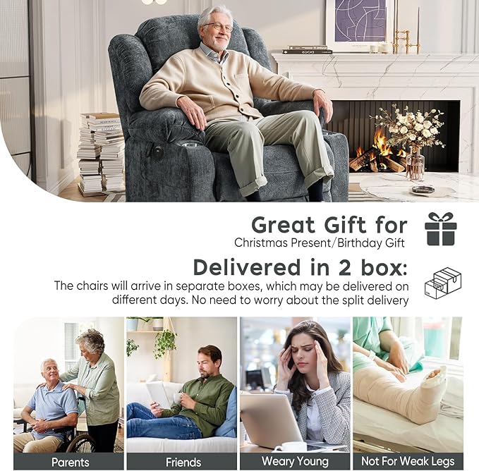 ABCASA Large Dual Motor Lay Flat Power Lift Recliners Chair for Elderly with Heat ＆ Massage, Comfortable Chenille Recliner, USB-A ＆ C, Cup Holder, Side Pocket, Brown