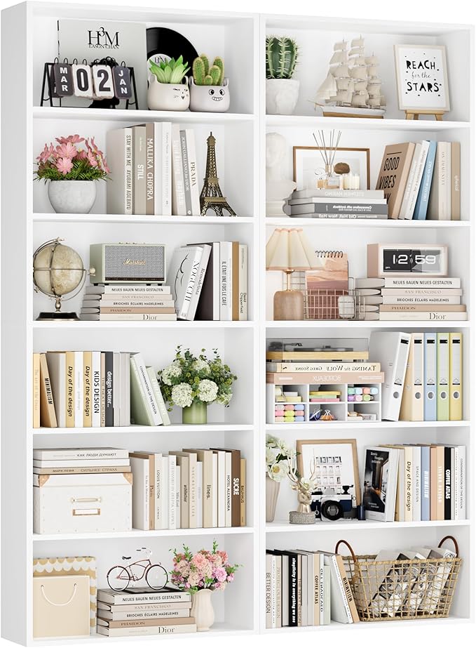 FOTOSOK 70.8" Tall Bookcase Shelf, 6 Tier Wide Bookshelf with Storage, Billy Bookcase Set of 2, Large Bookshelf for Living Room, Home Office, White