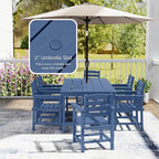 7 Piece Patio Dining Set with 11ft Patio Umbrella (Navy), 7 Navy Outdoor HDPE Dining Set with 6 Chairs + 1 Large Table with 2" Umbrella Hole, for Market, Pool, Garden, Backyard, Deck
