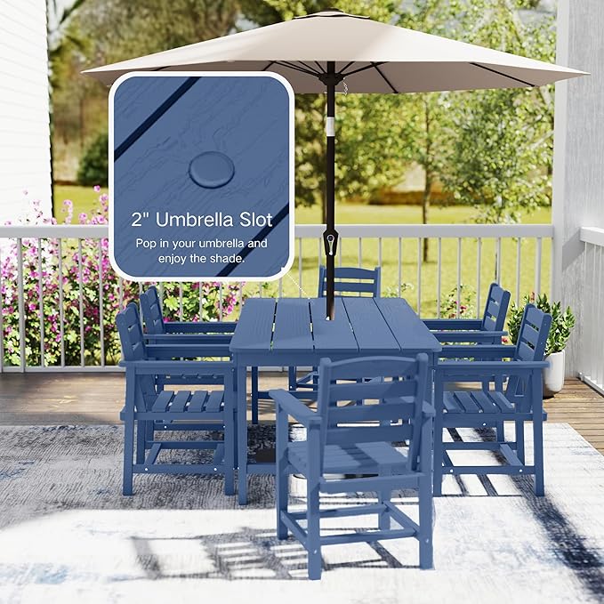 7 Piece Patio Dining Set with 11ft Patio Umbrella (Teal), 7 Navy Outdoor HDPE Dining Set with 6 Chairs + 1 Large Table, for Market, Pool, Garden, Backyard, Deck