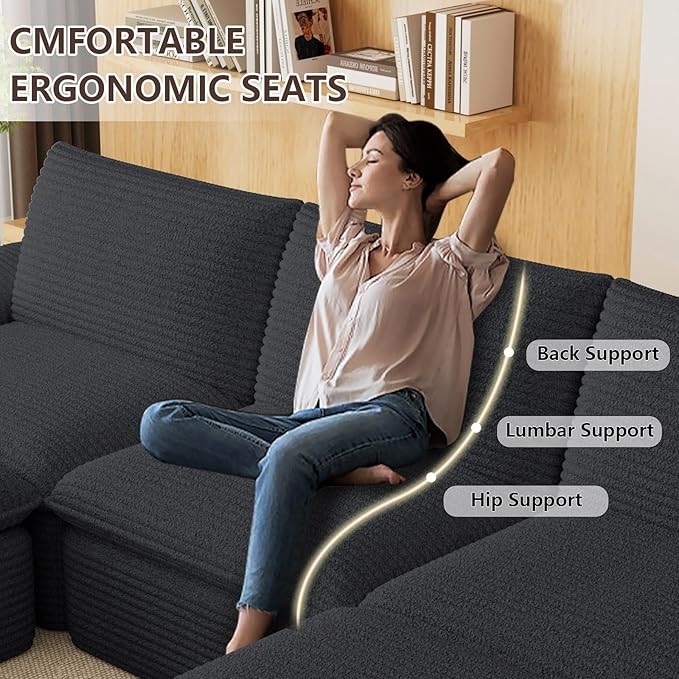 113.03" Sectional Couches for Living Room Modern Modular Sofa with U-Shape Couchs Upholstered Corduroy Boneless Couch Deep Seat Cloud Couch with Ottoman, No Assembly Required, Black