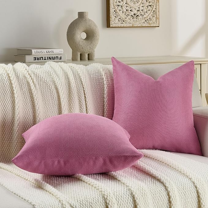 FUTEI Hot Pink Chenille Throw Pillow Covers 24x24 Inch Set of 2,Soft Wide Chevron Textured European Pillow Shams,Farmhouse Home Decor for Couch Bed Living Room