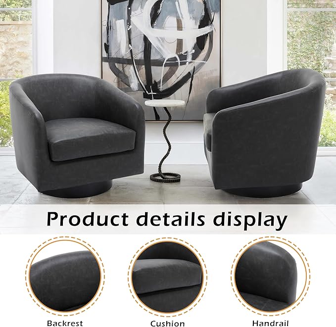 Lumibee Swivel Accent Chair, Faux Leather Swivel Barrel Chair for Living Room, Modern Comfy Upholstered Round Armchair Single Sofa Chair for Bedroom, Club-Black