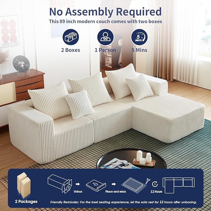 102" Sectional Couches for Living Room,Boneless Cloud Couch,L-Shaped Sofa with Oversized Deep Seat,Comfy Couch for Bedroom,Compressed Sofa in a Box,No Assembly Required(Corduroy,Beige)