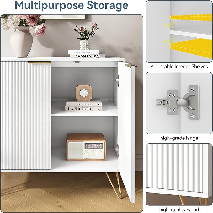 Storage Cabinet Set of 4, White Fluted Cabinet with Adjustable Shelves, Modern Coffee Bar for Kitchen, Living Room and Office