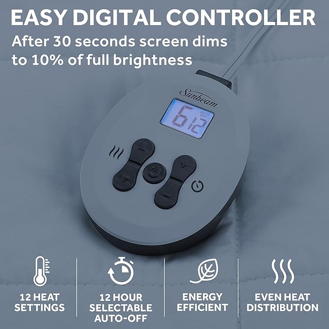 Sunbeam Premium Quilted Electric Heated Mattress Pad, 54" x 75", 12 Heat Settings, 12-Hour Selectable Auto Shut-Off, Warmth for Restful Sleep, Machine Washable, White
