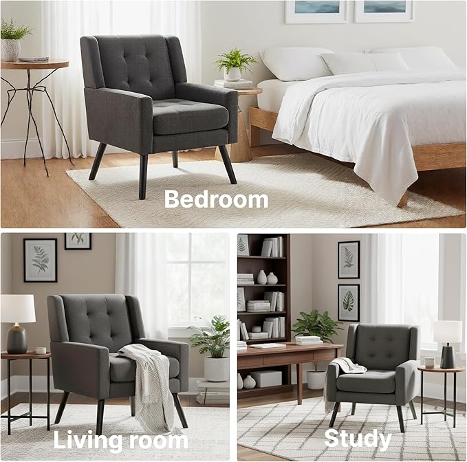 Mid-Century Modern Accent Chair Set of 2, Plush Linen Fabric with Button Tufted High Back & 5" Thick Cushion, High Comfort Reading Chair for Living Room, Bedroom, Office (Dark Gray)