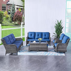 HUMMUH 7pcs Patio Furniture Set Swivel Rocker Patio Chairs,PE Wicker Outdoor Sofa Set of 2 with Coffee Table and Ottomans(Grey,Blue)