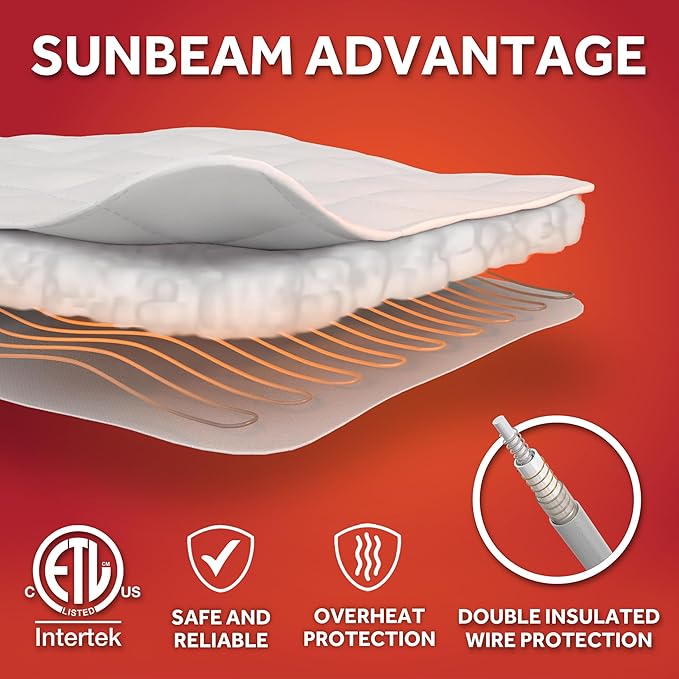 Sunbeam Electric Heated Mattress Pad Soft Cozy Fabric Fast Heating 12 Heat Settings 12-Hour Auto Shut-Off Deep Pocket Skirt Machine Washable King 80" x 76"