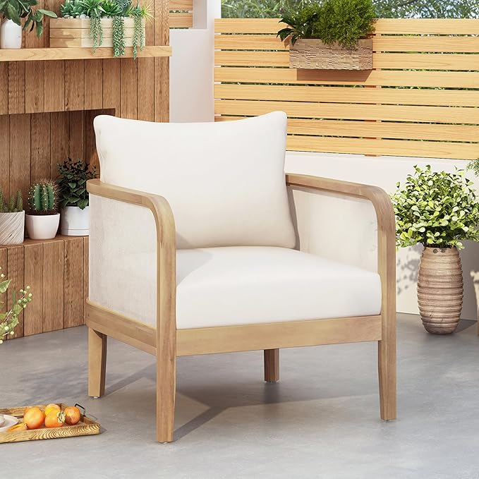 Christopher Knight Home Linksy Outdoor Club Chair, Patio Arm Chair, Modern Single Sofa Chair, Acacia Wood Frame, Club Chair with Cushions, Deep Seating for Porch, Garden, Backyard, Balcony, Beige