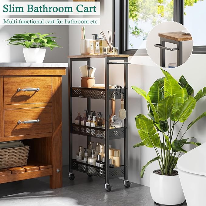 Slim Storage Cart 4 Tier Narrow Kitchen Rolling Cart on Wheels for Small Space, Mobile Utility Cart Shelving Unit with Wooden Top and Metal Handle for Kitchen, Bathroom, Laundry Room