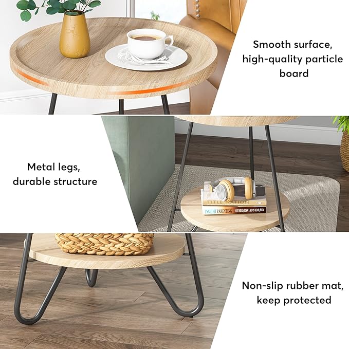 Tribesigns Round Side Table, 2-Tier End Table with Metal Legs, Modern Industrial Beside Table, Small Accent Table Snack Table for Living Room, Bedroom, Small Space, Easy Assembly, Wood Color