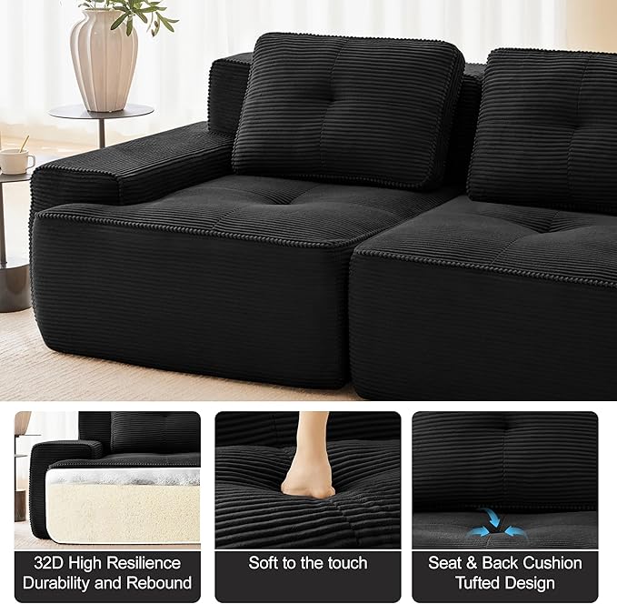 150.4” Black Boneless Couches for Living Room, Modular Sectional Sofa with L-Shape Chaise, 4 Seater Comfy Upholstered Deep Seat Corduroy Fabric Cloud Couch No Assembly, Anti-Slip Design