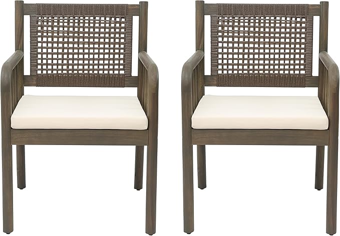 Christopher Knight Home Vera Outdoor Acacia Wood Dining Chairs, Rattan Woven Back Armchair, Armchair with Cushion Seat, Dining Chairs Set of 2, Patio Chair for Poolside Garden Balcony, Gray+Cream