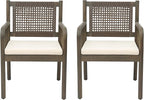 Christopher Knight Home Vera Outdoor Acacia Wood Dining Chairs, Rattan Woven Back Armchair, Armchair with Cushion Seat, Dining Chairs Set of 2, Patio Chair for Poolside Garden Balcony, Gray+Cream
