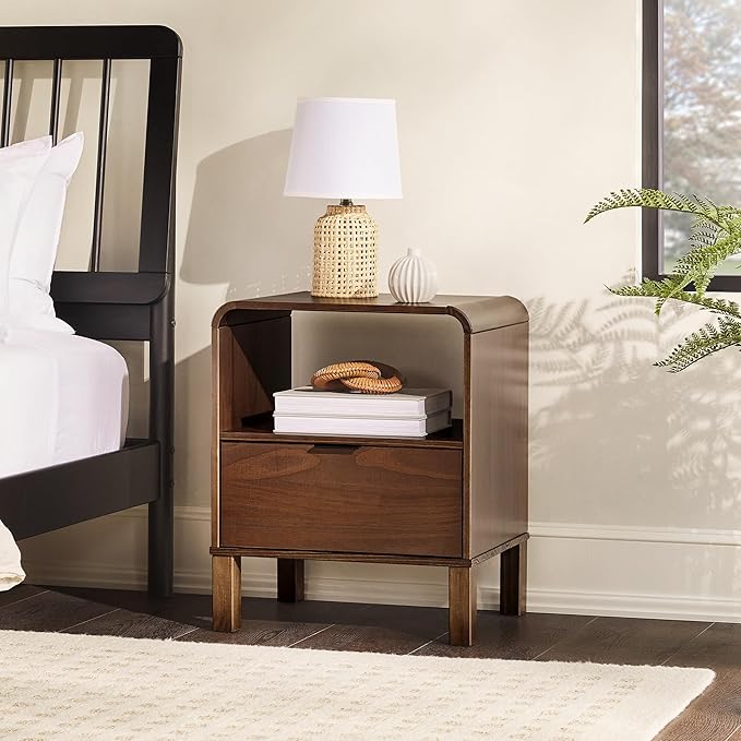 Walker Edison Modern Curved-Top Solid Wood 1-Drawer Nightstand with Open Cubby, 24 Inch, Brown