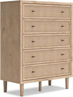 Signature Design by Ashley Cielden Contemporary Chest of Drawers with Textured Cane Details and 5 Drawers, Bronze Knobs, Wood, 52.48" High, Light Brown