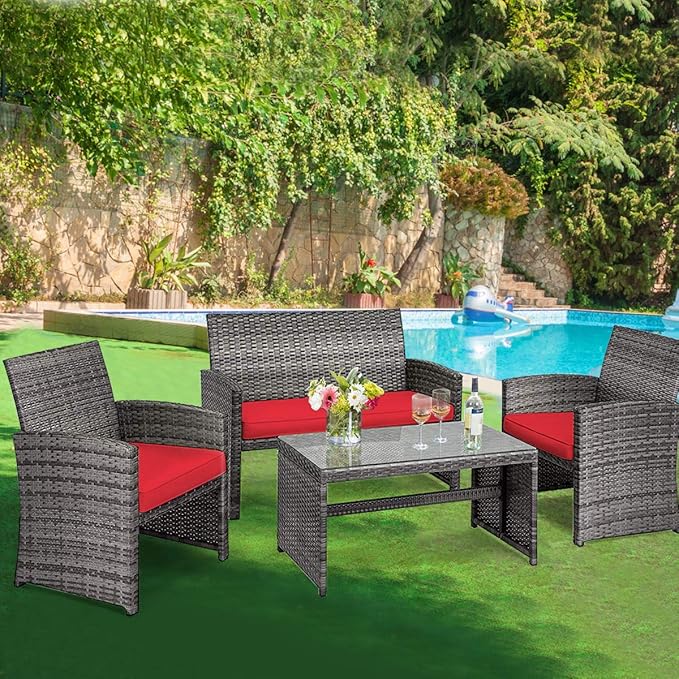 COSTWAY Patio Furniture Set 4 Pieces, Outdoor Wicker Chairs Sofa w/Coffee Table and Soft Cushions, Rattan Conversation Sets for Patio Lawn Backyard Yard Pool Garden, Red