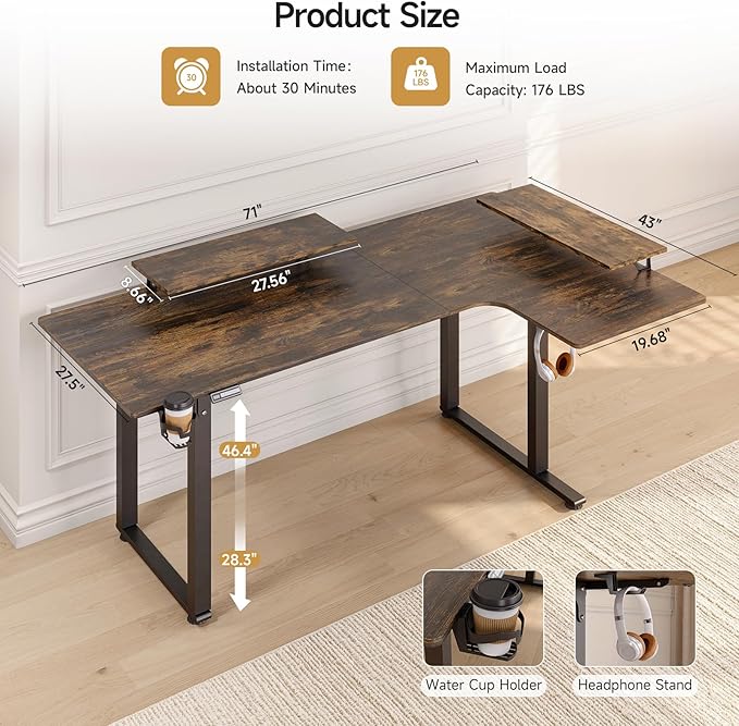 ONBRILL L Shaped Standing Desk, 71x43 Inch Electric L Stand Up Desk with 2 Adjustable Monitor Shelves and Dual Motor, Adjustable Height from 28-46'' for Home and Office, Rustic Brown