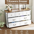 Farmhouse 7 Drawer Dresser for Bedroom, 52" Wide Rustic Chest of Drawers with Retro Handle, White Dresser with Natural Texture, Wood Vintage TV Stand for Living Room, Hallway, Antique White
