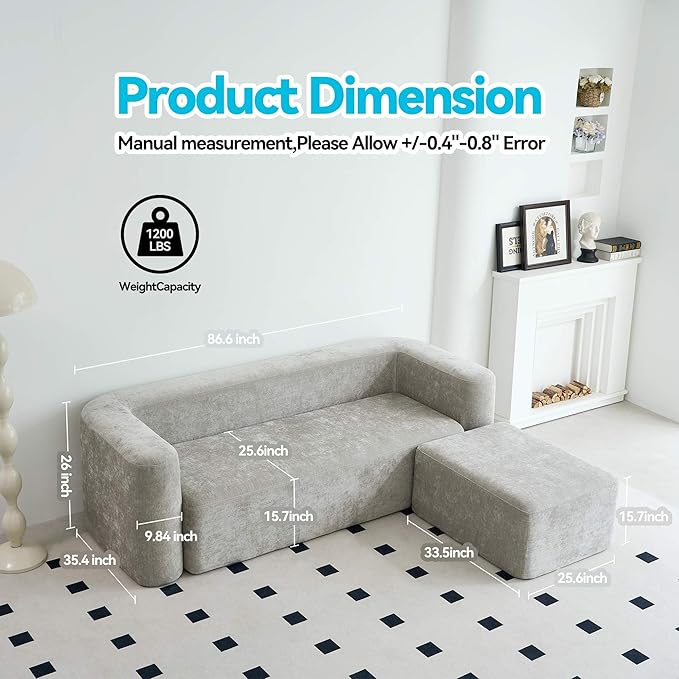 Modern One-Piece Foam Sofa with Ottoman, No Assembly Required, Ergonomic Design Couch, Eco-Friendly Chenille Fabric, Modular DIY Combination Sectional for Living Room, Apartment & Lounge (Light Gray)