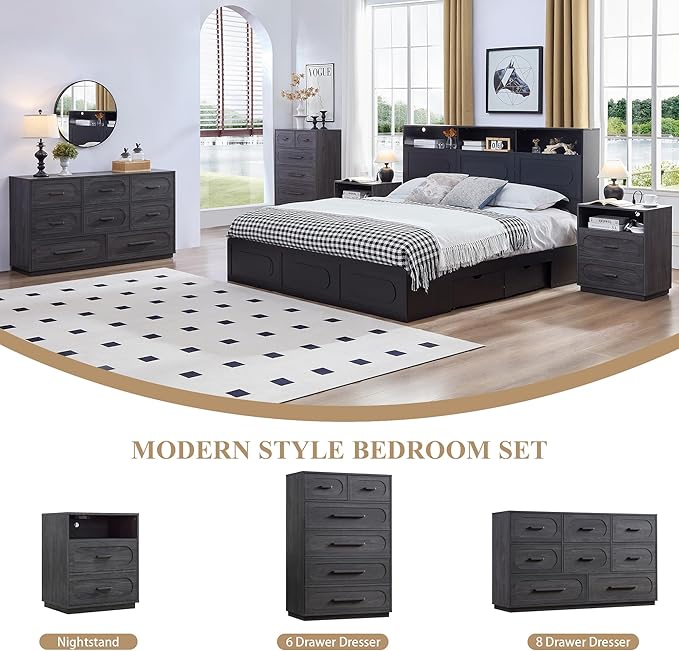 Gray Night Stand with Charging Station, 21.7" Wide Wood End Table with 2 Storage Drawers, Open Shelf & Unique Base, Mid Century Modern Bedside Table for Bedroom, Living Room, Gray