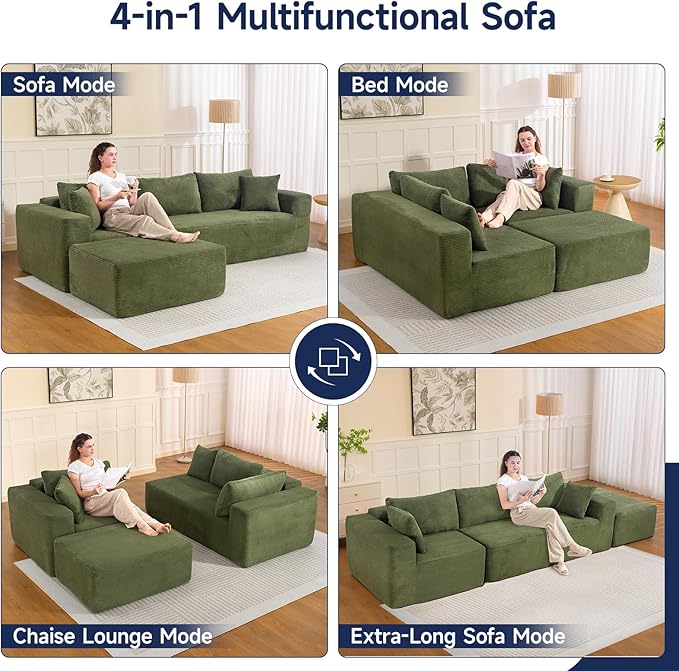 2025 New 108" Cloud Couch Sectional, Modular Sectional Sofa with L-Shaped Chaise, Deep Seat Sectional Modular Couch for Living Room, No Assembly Required (Green, Chaise Ottoman)