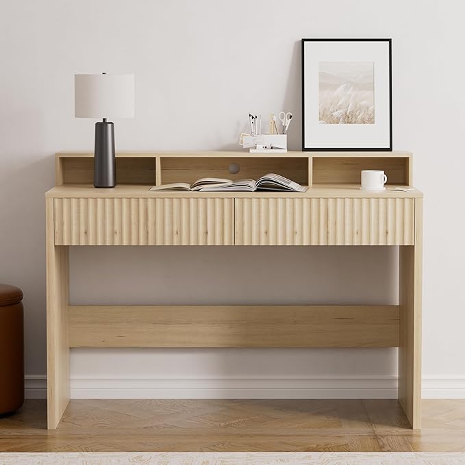 Fluted Executive Desk with Storage Shelf, 47" Modern Wood Home Office Desk with Long Monitor Stand & 2 Drawers, Writing Study Computer Table Vanity Desks, Light Oak