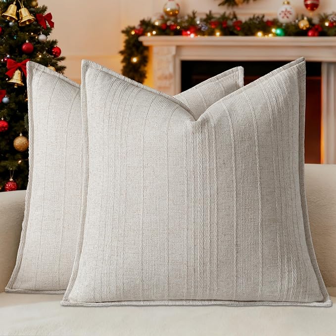 a moment Linen Pillow Covers Set of 2,Boho Farmhouse Throw Pillowcases Neutral Textured Decorative Covers for Couch Sofa,Soft Linen Blend Accent Case Cushion Christmas Home Decor 24"x24"Ivory