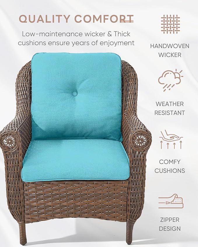 Patio Wicker Chairs Outdoor Furniture Chair - Set of 2 Outside All Weather Lawn Dining Brown Rattan Armchair with High Back&Deep Seating for Deck Porch Balcony Backyard Garden - Turqoise