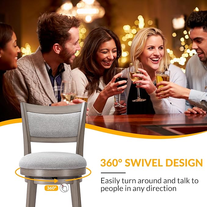 PrimeZone Swivel Bar Stools Set of 4, 30 Inch Bar Height Barstools, High Back Bar Stool with Solid Wood Legs & Wrap-Around Footrest, Counter Stools for Kitchen Island, Pub & Cafe, Grey