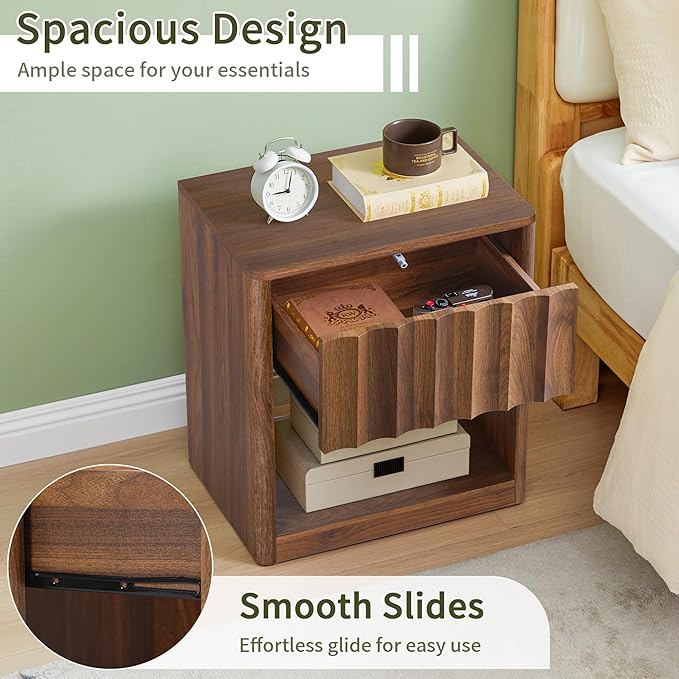 Fluted Dresser, Small Nightstands Set of 2, Natural Bedside Table with Drawer and Storage, Mid Century Modern Side Table for Bedroom Living Room Sofa