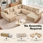 146‘' Oversized Cloud Sectional Couch, U Shaped Boneless Couches with Chaise & Ottoman, Plush Corduroy Deep Seat Modular Sofa for Living Room, No Assembly Required, Beige