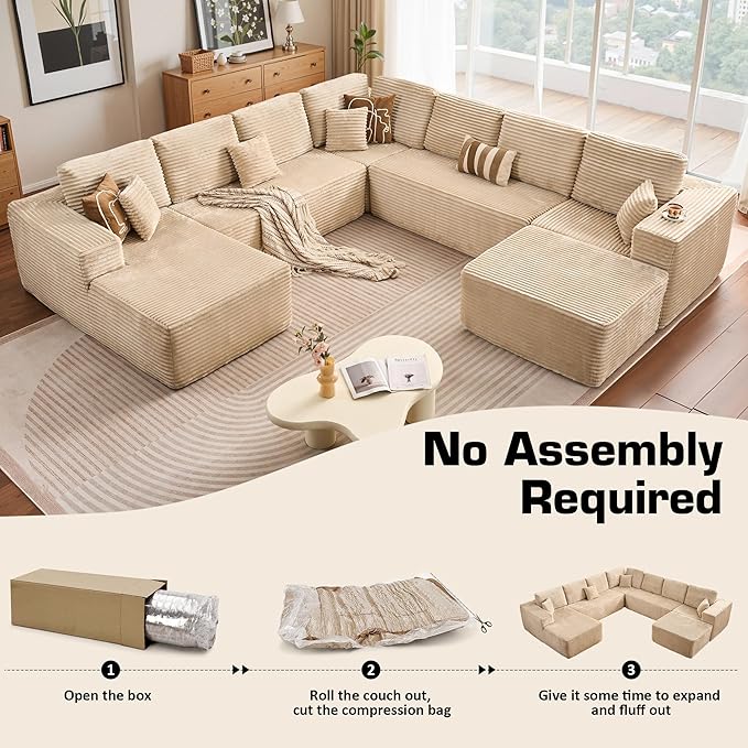 146‘' Oversized Cloud Sectional Couch, U Shaped Boneless Couches with Chaise & Ottoman, Plush Corduroy Deep Seat Modular Sofa for Living Room, No Assembly Required, Beige