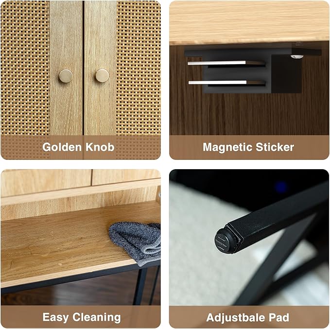 Rattan Toilet Storage Cabinet, Over the Rack Wood Cabinet with Metal Stand, Bathroom Organizer with Adjustable Shelf, Tall Freestanding Washer Shelf, Small Cupboard, Space Saver, Natural style