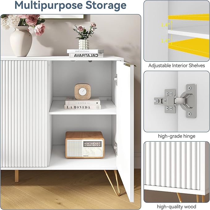 Fluted Buffet Cabinet,Wooden Console Storage with 3 Doors and Adjustable Shelves,White Sideboard for Entryway,Kitchen,Bathroom,Home Office
