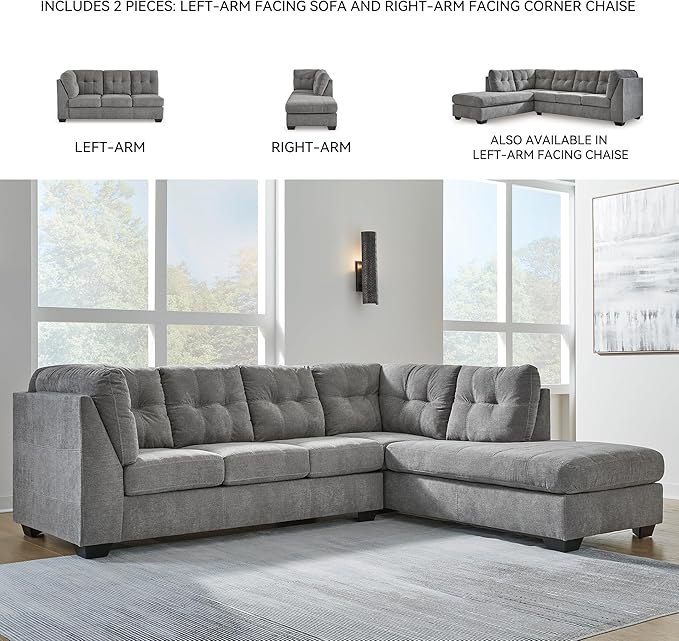 Signature Design by Ashley Marleton Contemporary Right-Arm Facing Tufted 2-Piece Sectional with Chaise and Loose Seat Cushions, Light Gray