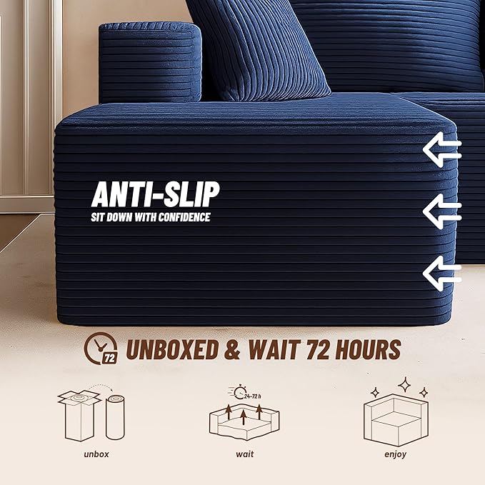 138" Boneless Couch with Deep Seat, Modular Sectional Sofa, Cloud Sectional Couch for Living Room, No Assembly Required, Corduroy, 4 Seater L-Shape Left, Blue
