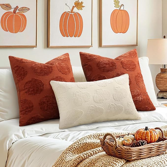 decorUhome Decorative Two Beige Pumpkins Thanksgiving Throw Pillow Covers 18x18 Set of 2, Soft Chenille Jacquard Farmhouse Textured Pillow Covers for Couch Bed Sofa Autumn Harvest Halloween Holiday
